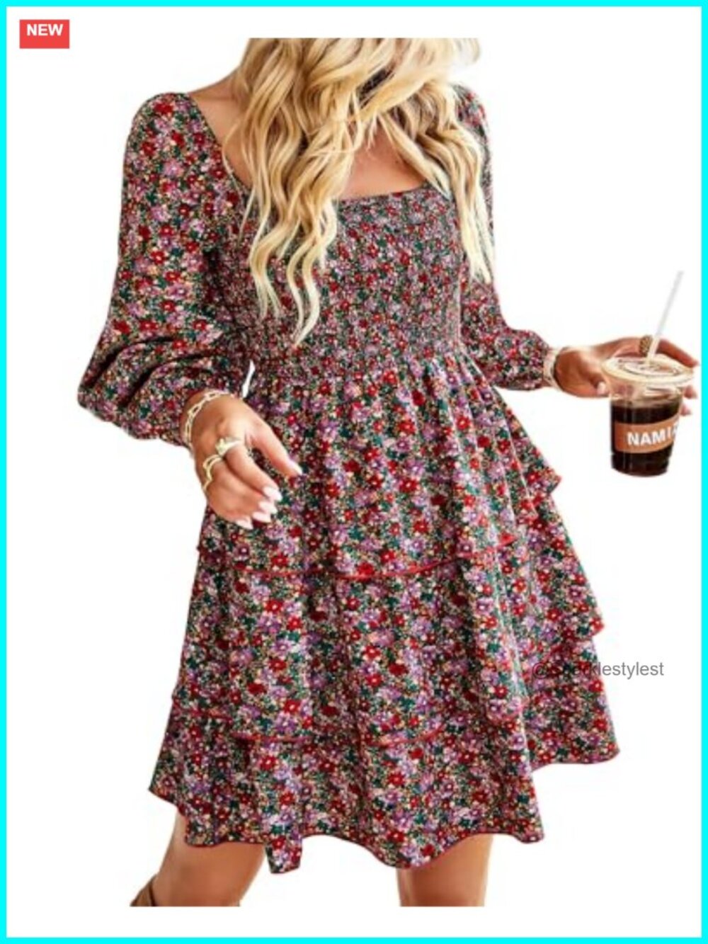Women's Mini Smocked Long Sleeve Dress Square Neck Ruffle Hem